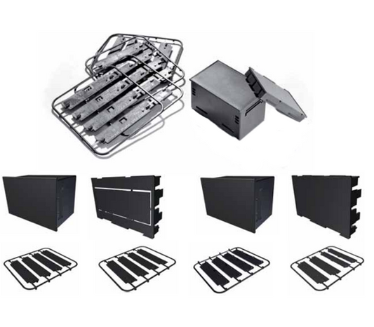 Collection of black metal components on a white background.