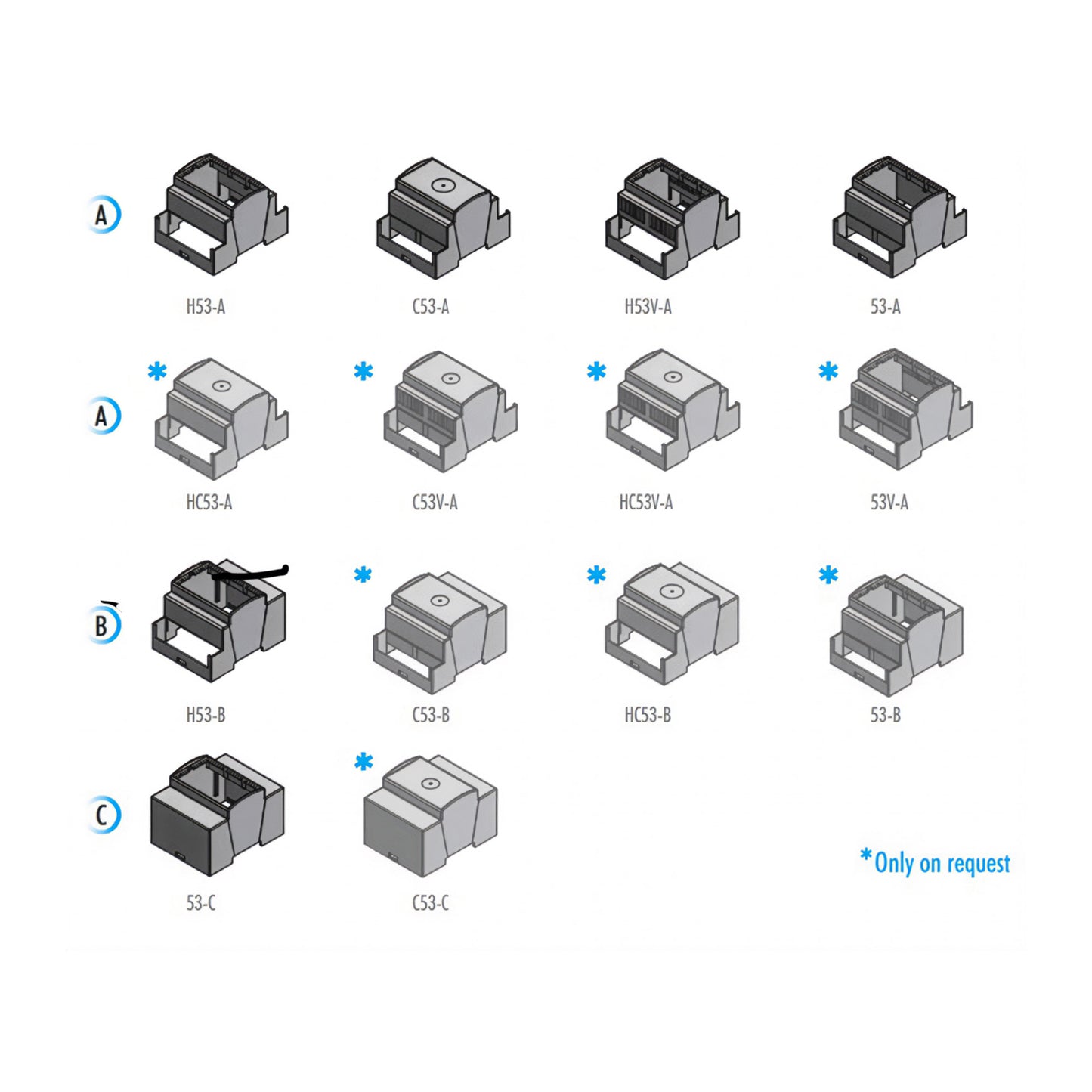 Collection of mechanical components labeled with codes on a white background