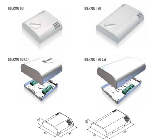 Set of electronic devices labeled 'Thermo 80', 'Thermo 120', 'Thermo 80 CSF', and 'Thermo 120 CSF' on a white background.