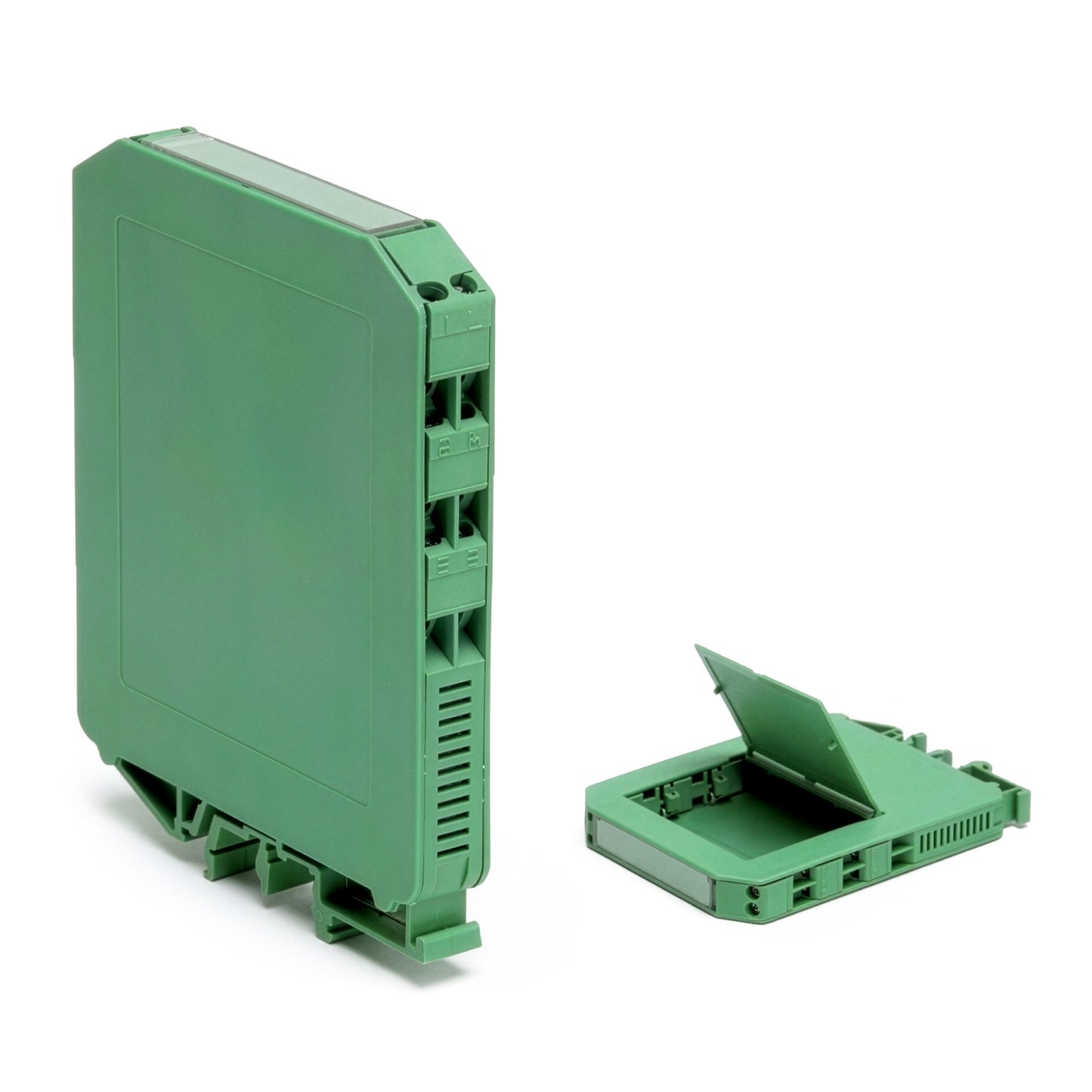 Green electronic module with a smaller component on a white background