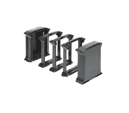 Set of black metal barriers on a white background.