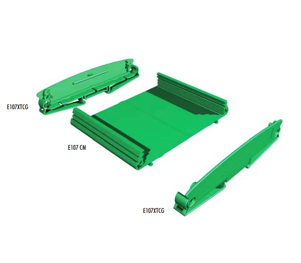 Green metal brackets on a white background.