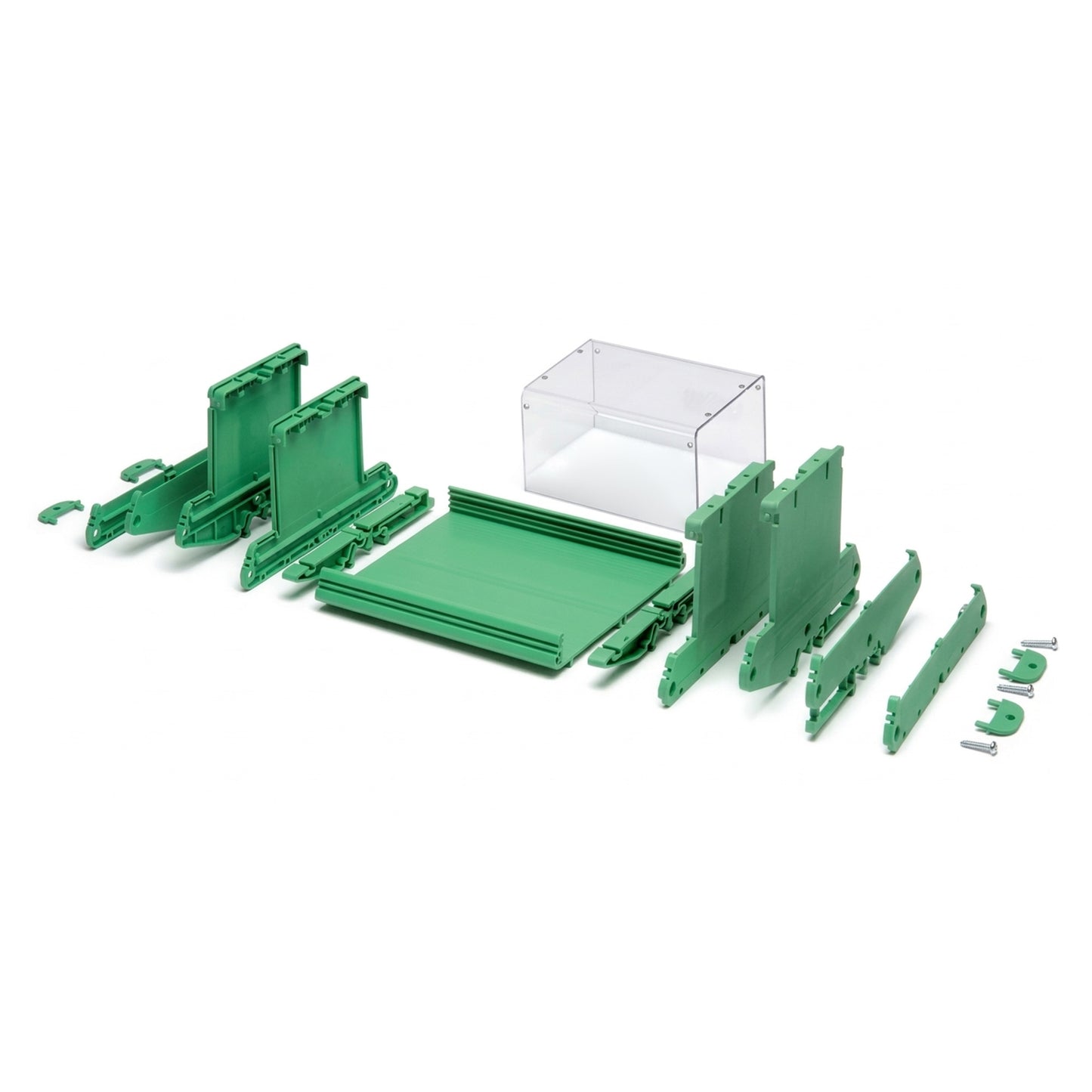 Green plastic components on a white background