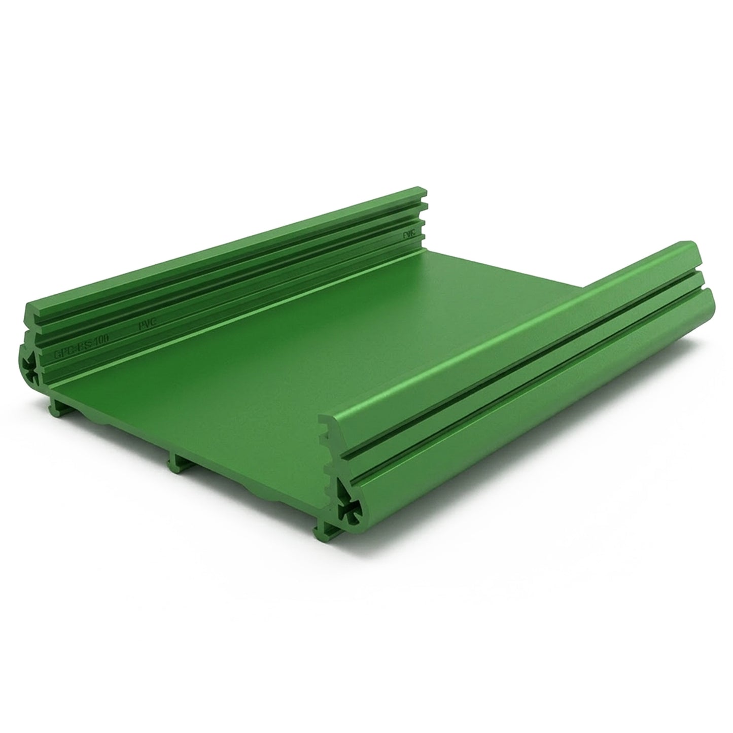 Green ABS plastic DIN rail enclosure component on a white background.