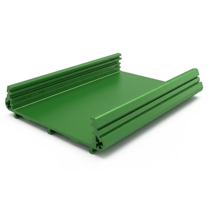 Green ABS plastic DIN rail enclosure component on a white background.