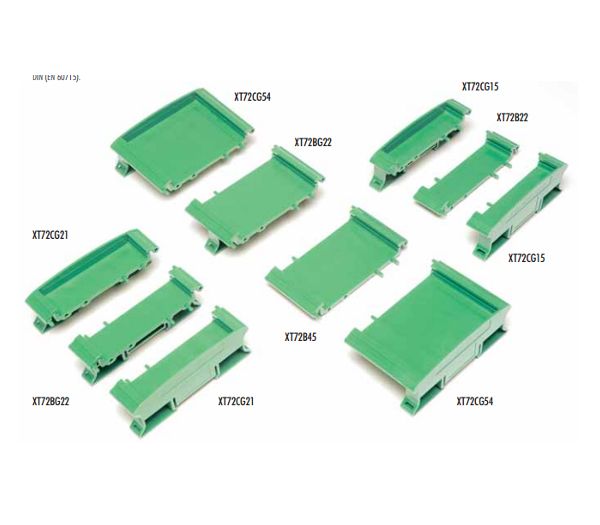 Set of green electronic connectors with labels on a white background