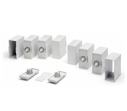Set of white electronic components on a white background.