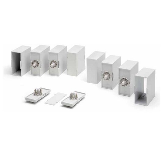 Set of white electronic components on a white background.