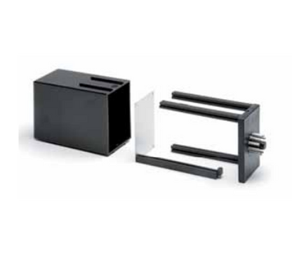 Black metal bracket and cylindrical component on a white background.