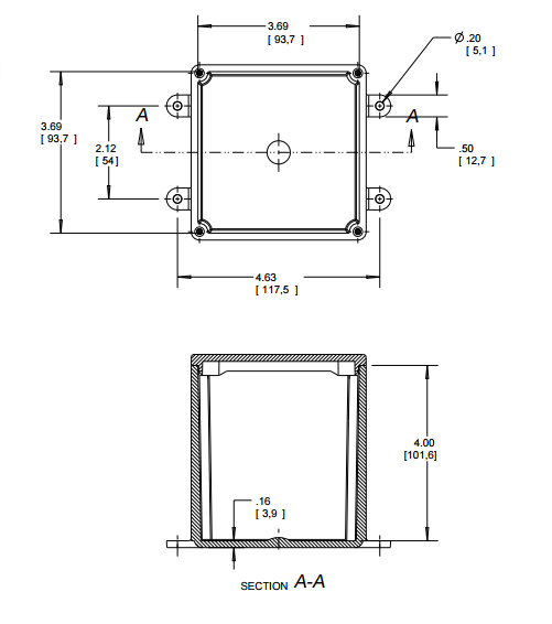 Technical drawing of a rectangular component with dimensions.
