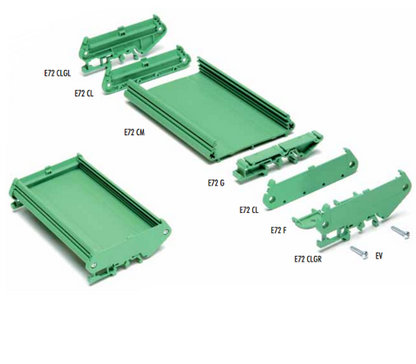 Set of green plastic components with various labels on a white background