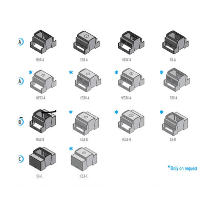 Collection of mechanical components labeled with codes on a white background