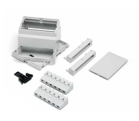 Set of electrical connectors and boxes on a white background.