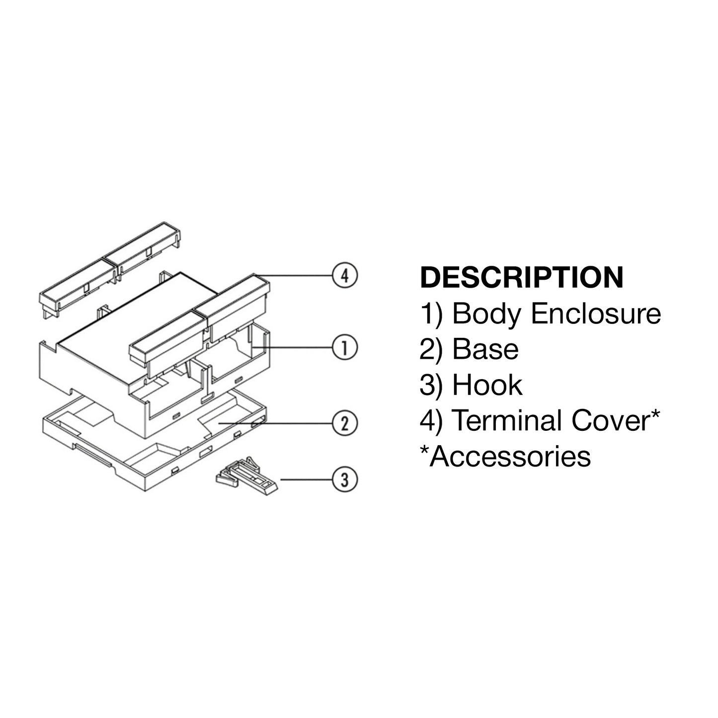 Technical diagram of electronic component parts with labels on a white background