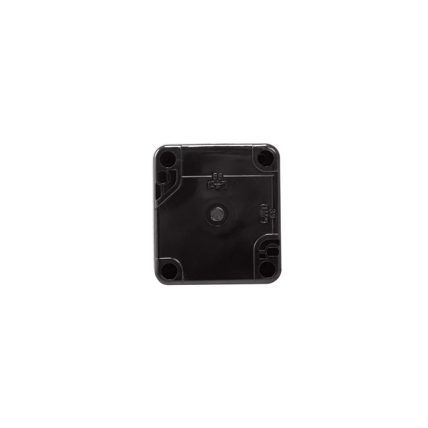 Black square plastic component on a white background.