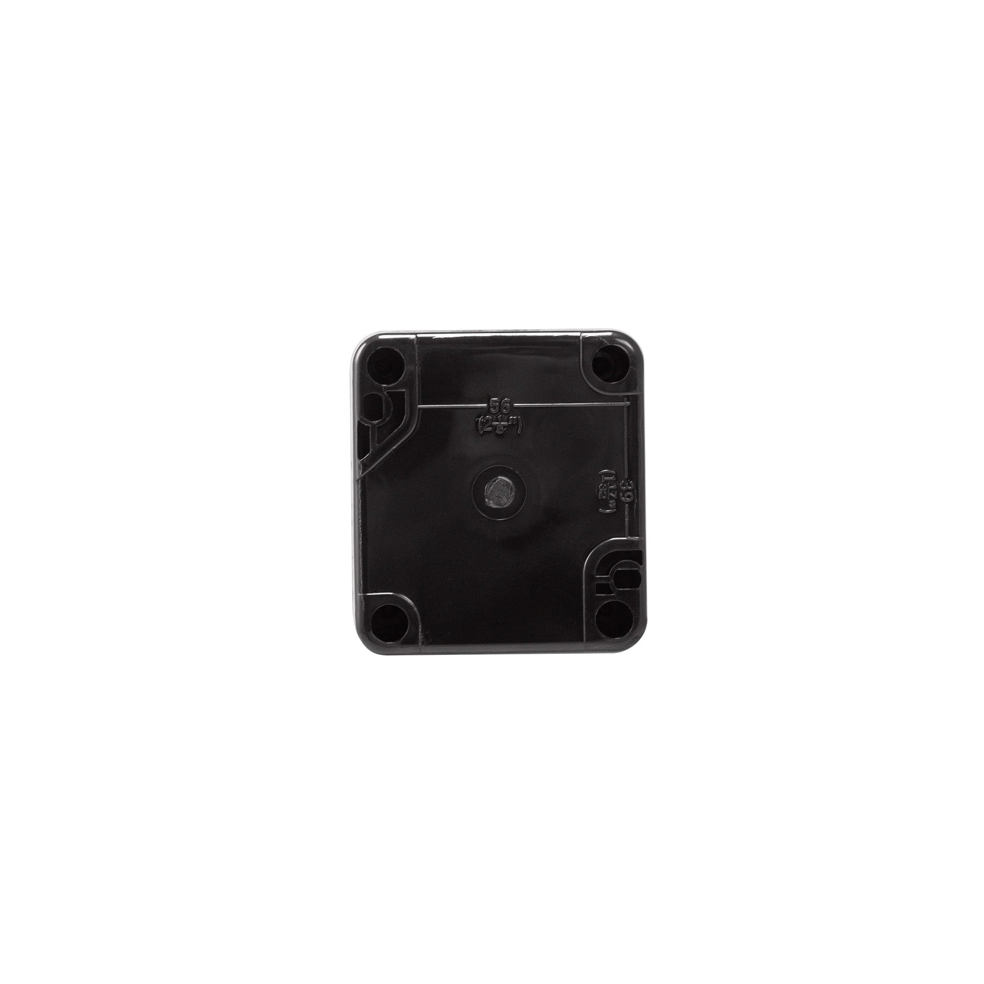 Black square plastic component on a white background.