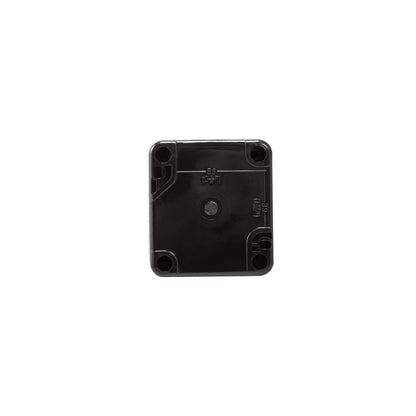 Black square plastic component on a white background.