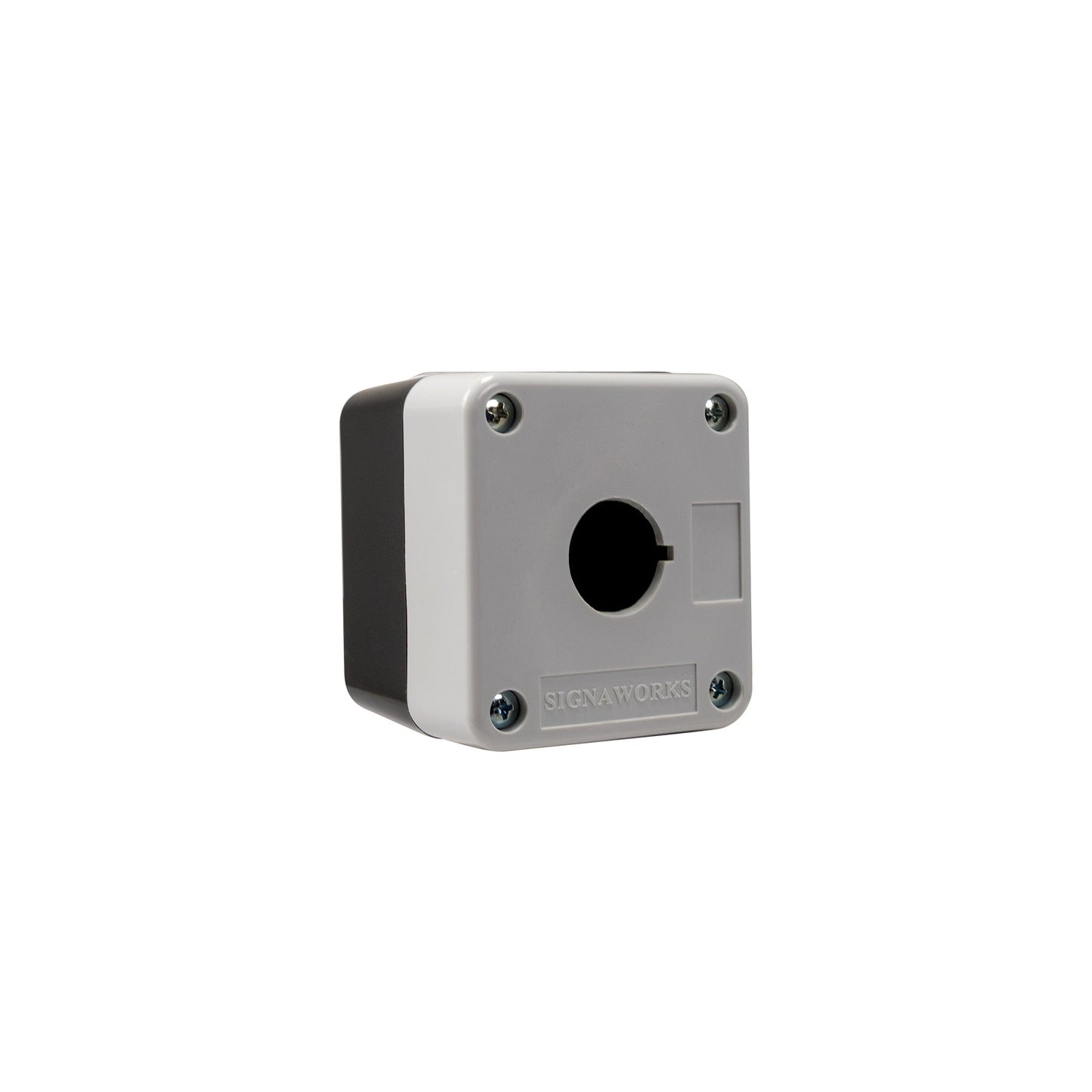 Plastic grey and black box with a circular opening on a white background.