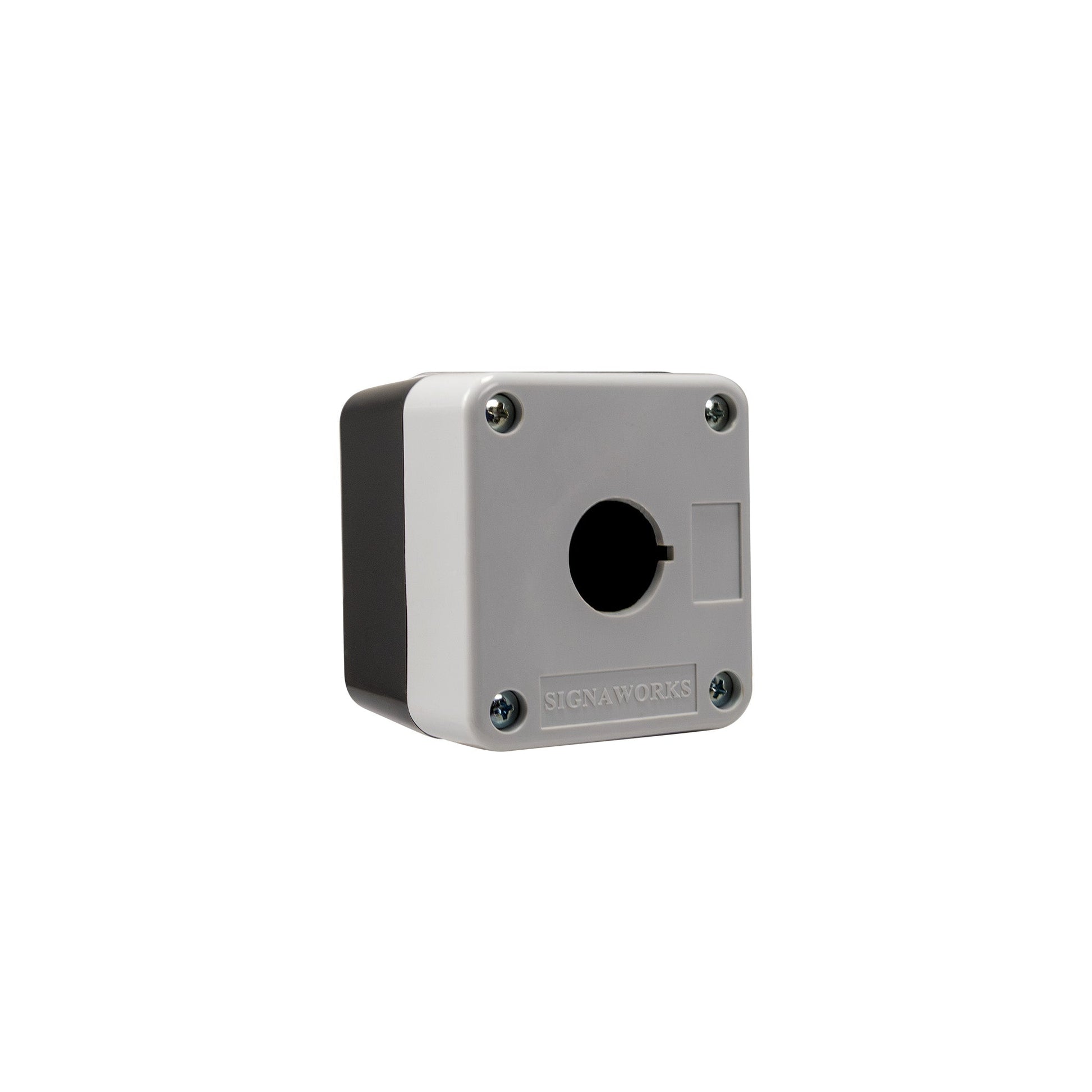 Plastic grey and black box with a circular opening on a white background.