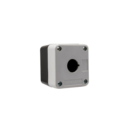 Plastic grey and black box with a circular opening on a white background.