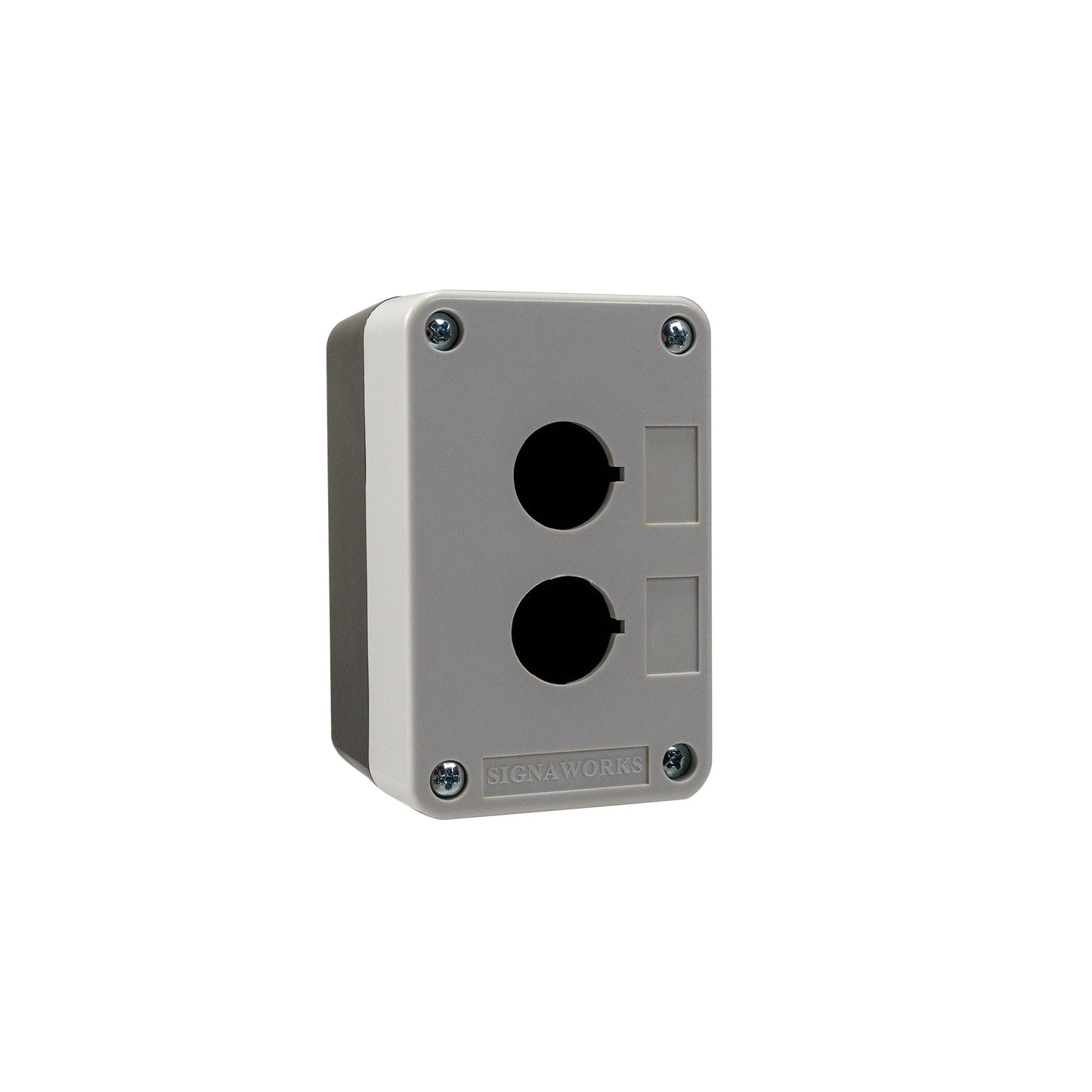 Gray electrical box with two sockets on a white background.