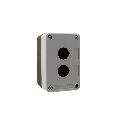 Gray electrical box with two sockets on a white background.