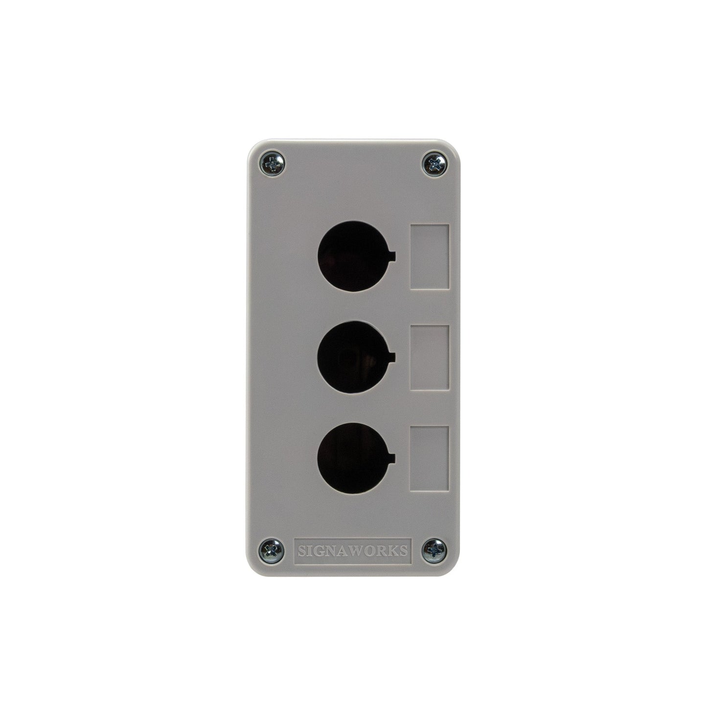 Gray metal box with three black circular ports on a white background.