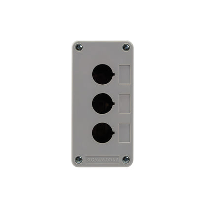 Gray metal box with three black circular ports on a white background.
