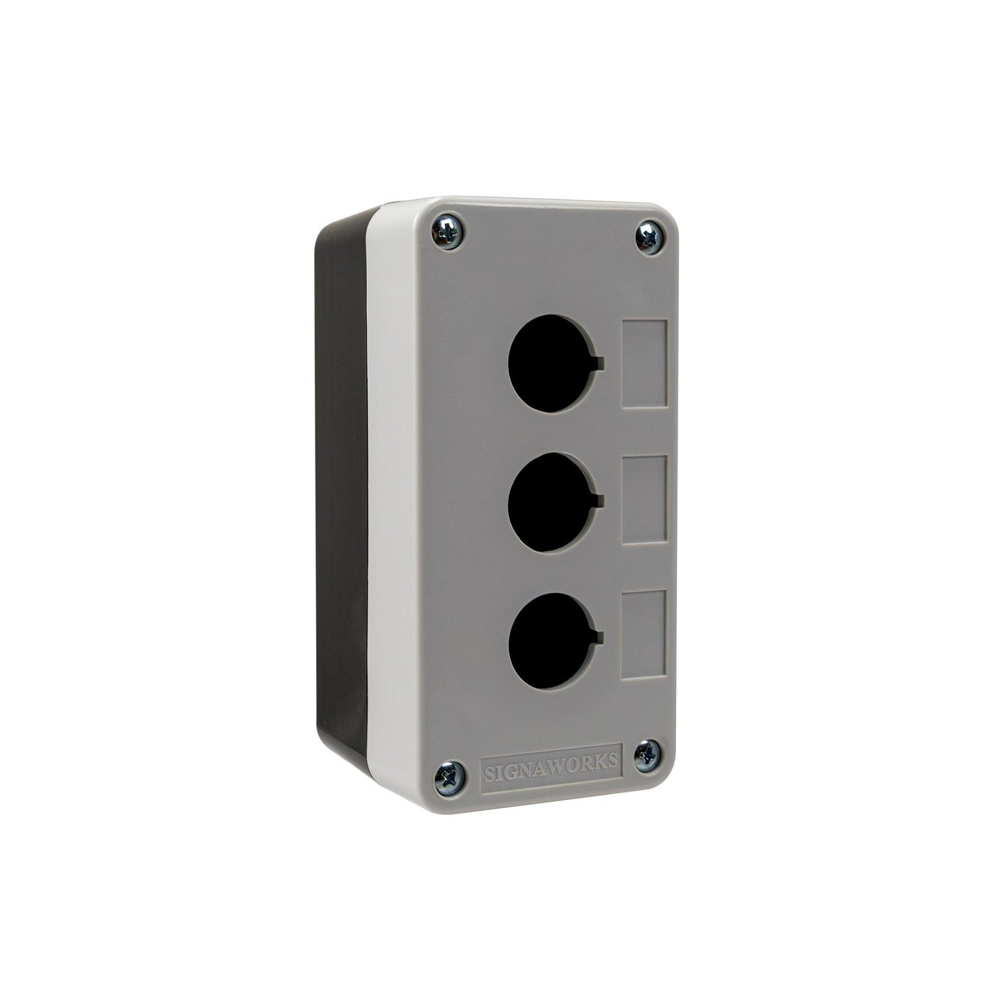 Electrical outlet box with three sockets on a white background.