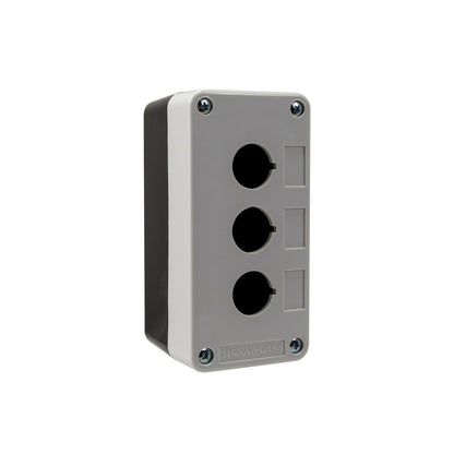 Electrical outlet box with three sockets on a white background.