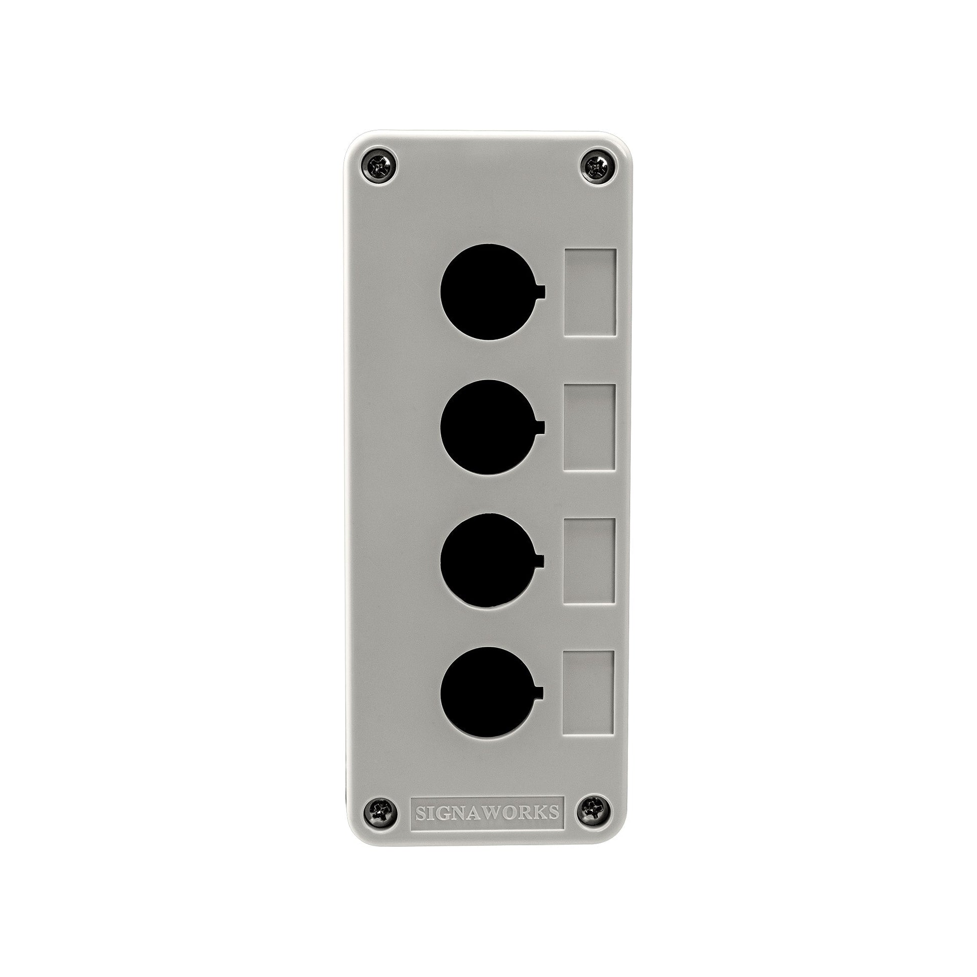 Control box with four black circular buttons on a gray background, branded 'SIGNAWORKS'.