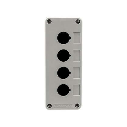 Control box with four black circular buttons on a gray background, branded 'SIGNAWORKS'.