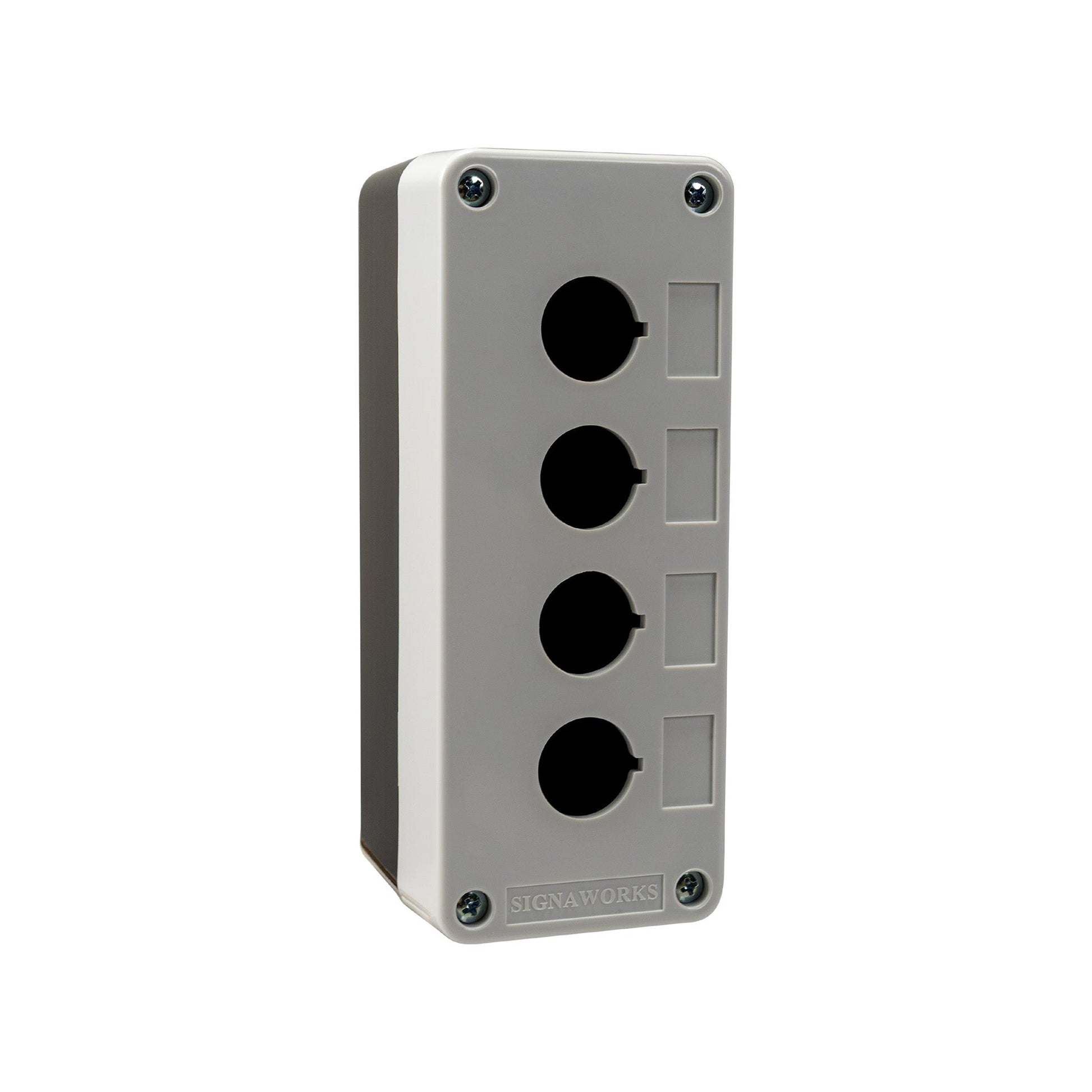 Electrical outlet box with four holes on a white background.