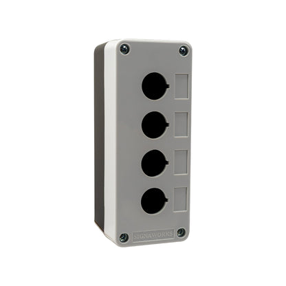 Electrical outlet box with four holes on a white background.