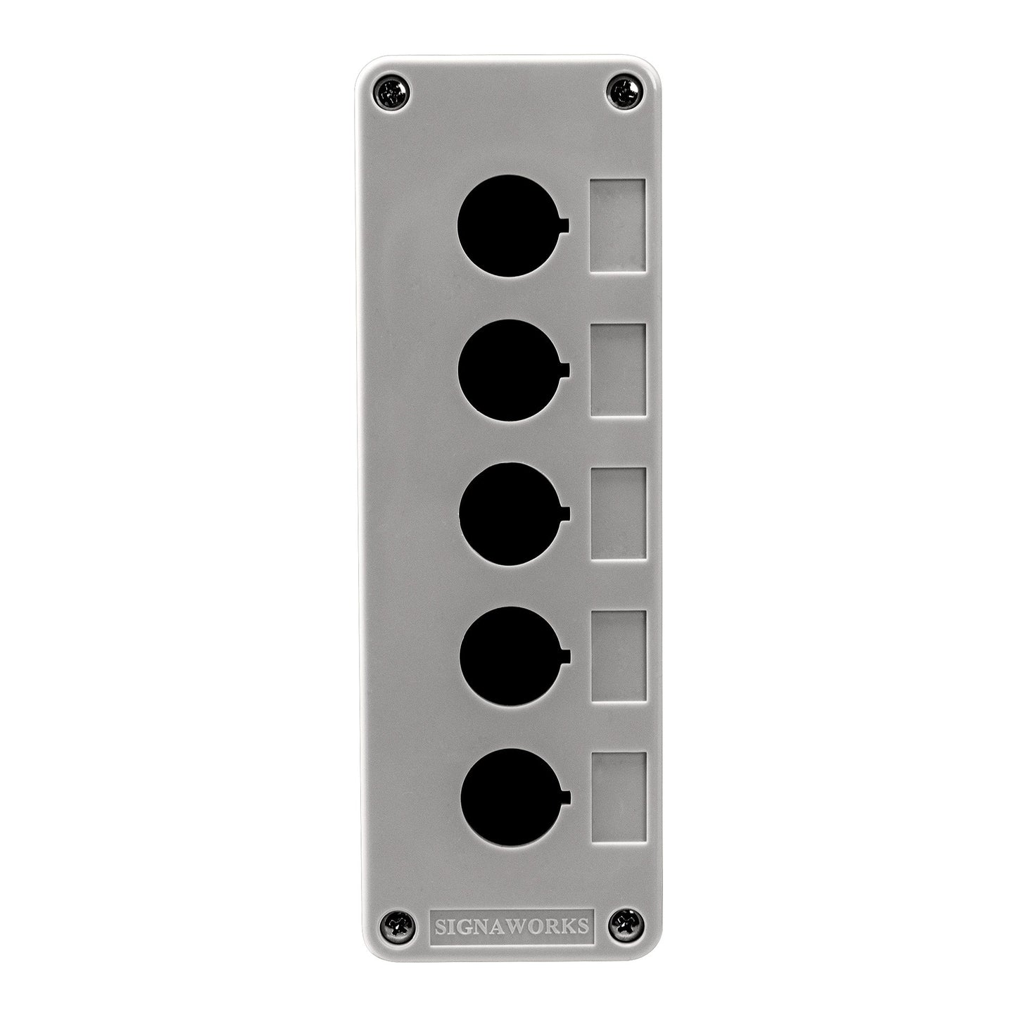 Gray panel with five black circular ports and two white rectangular ports on a white background, branded 'SIGNAWORKS'.