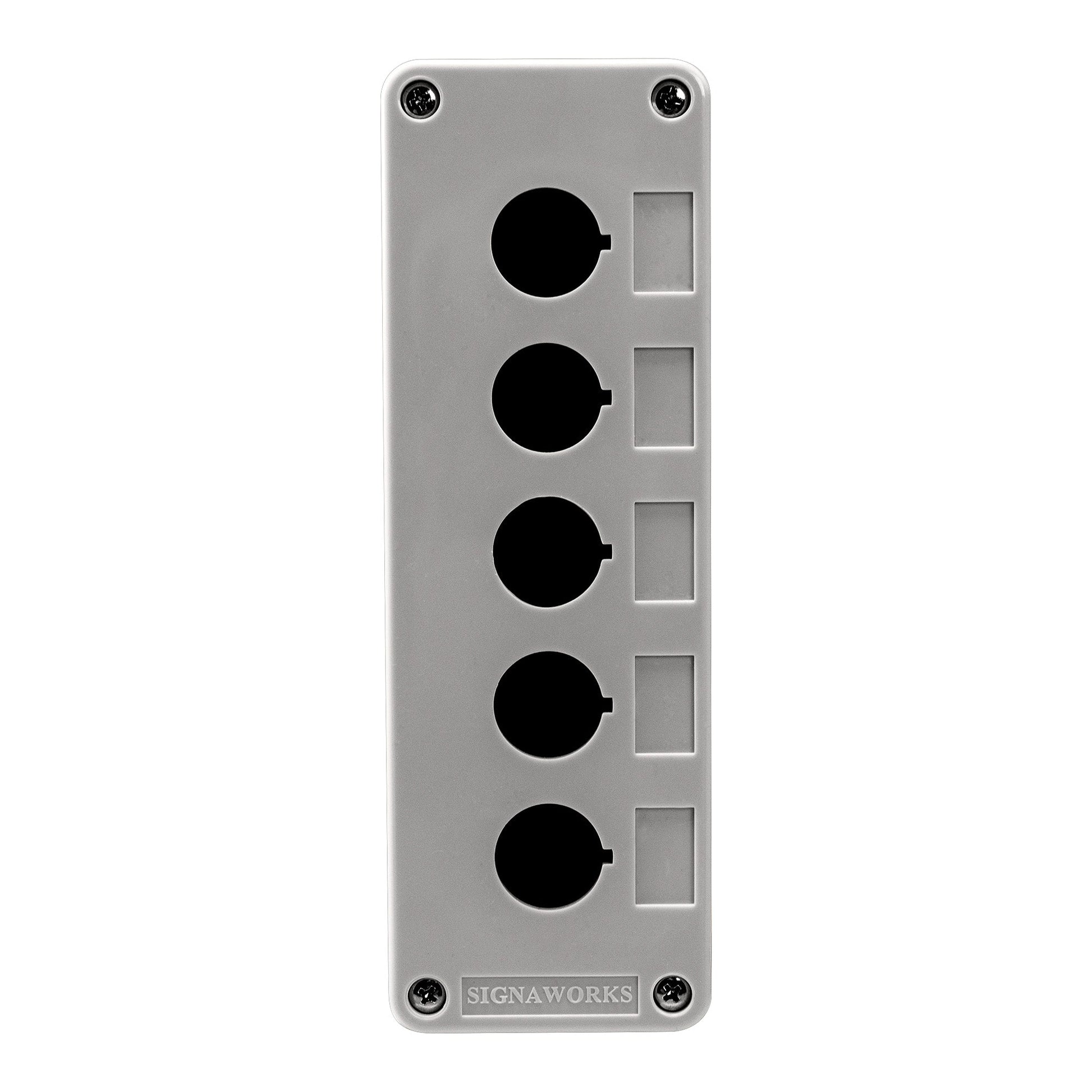 Gray panel with five black circular ports and two white rectangular ports on a white background, branded 'SIGNAWORKS'.