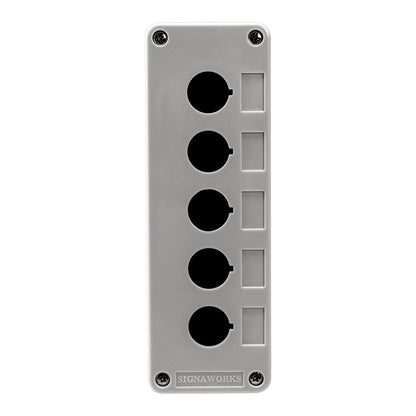 Gray panel with five black circular ports and two white rectangular ports on a white background, branded 'SIGNAWORKS'.