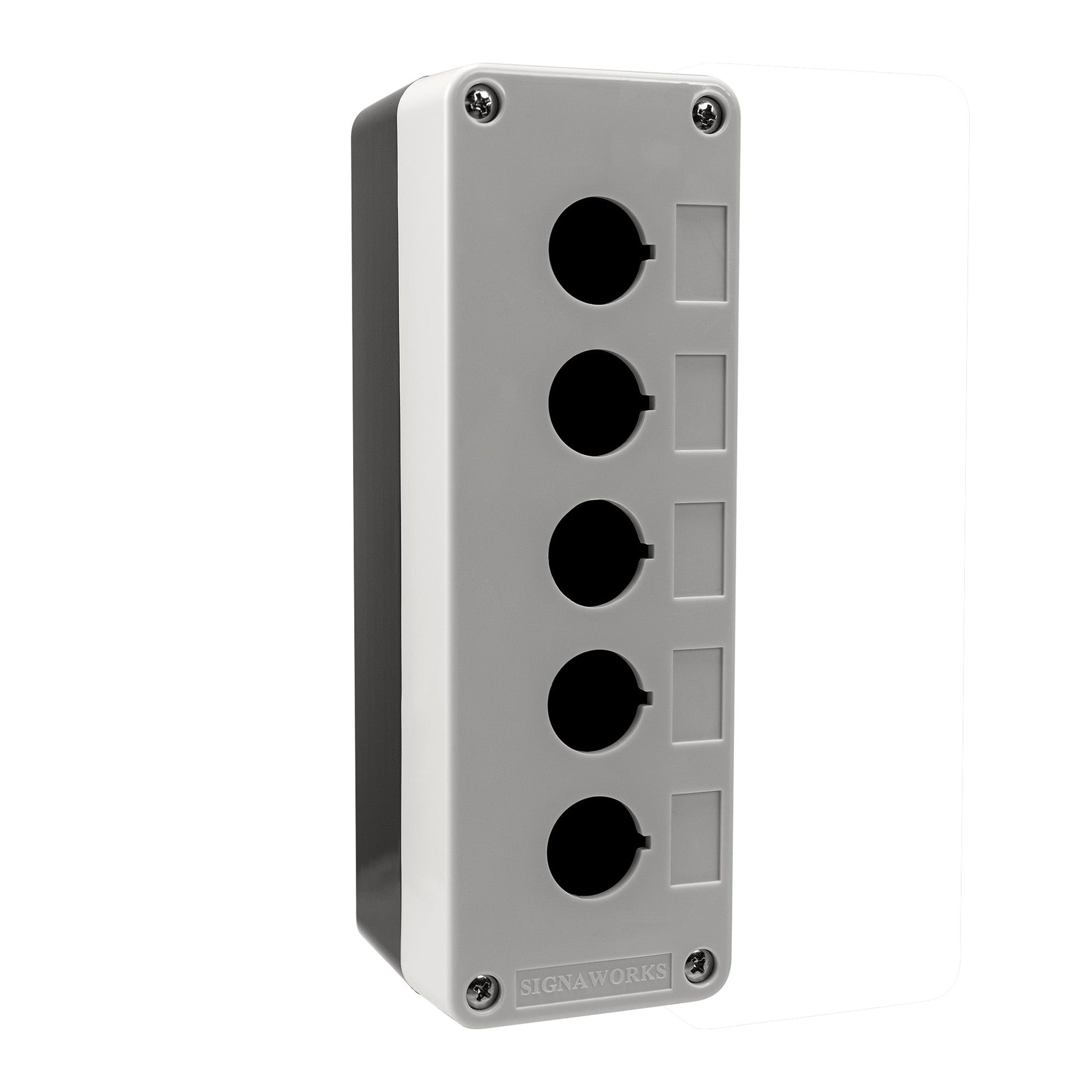 Gray panel with five black circular ports and two white rectangular ports on a white background, branded 'SIGNAWORKS'.
