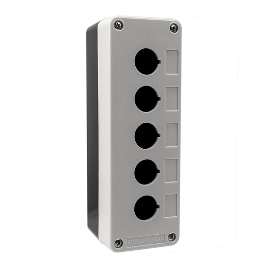 Gray panel with five black circular ports and two white rectangular ports on a white background, branded 'SIGNAWORKS'.