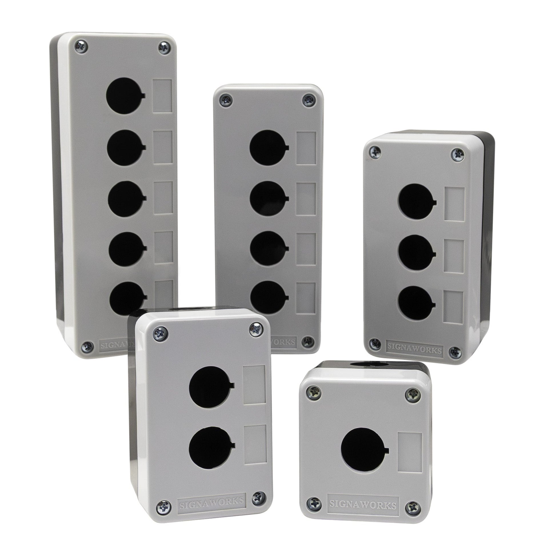 Set of five grey and black electrical boxes with different numbers of sockets on a white background.