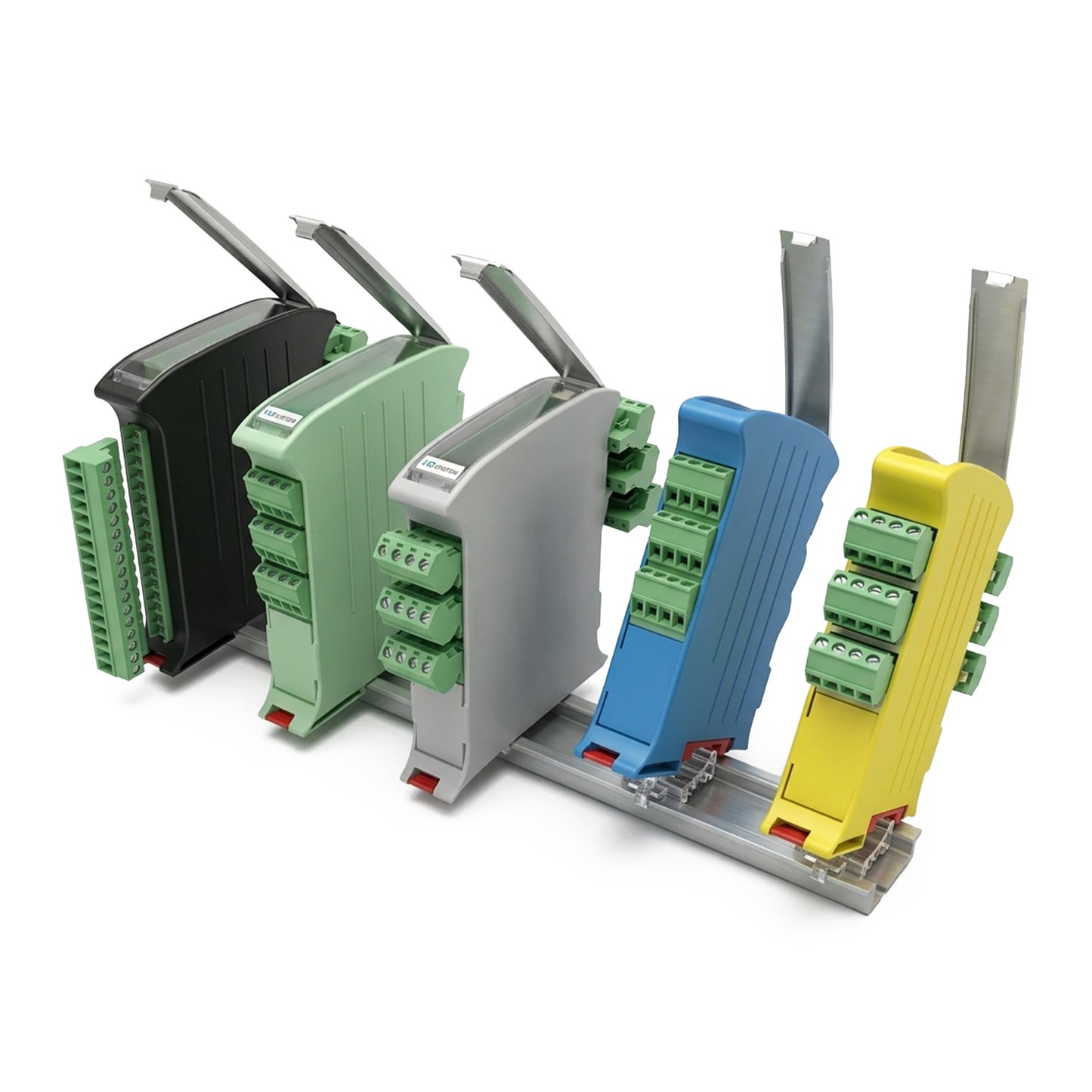 Set of color-coded electronic modules on a white background.