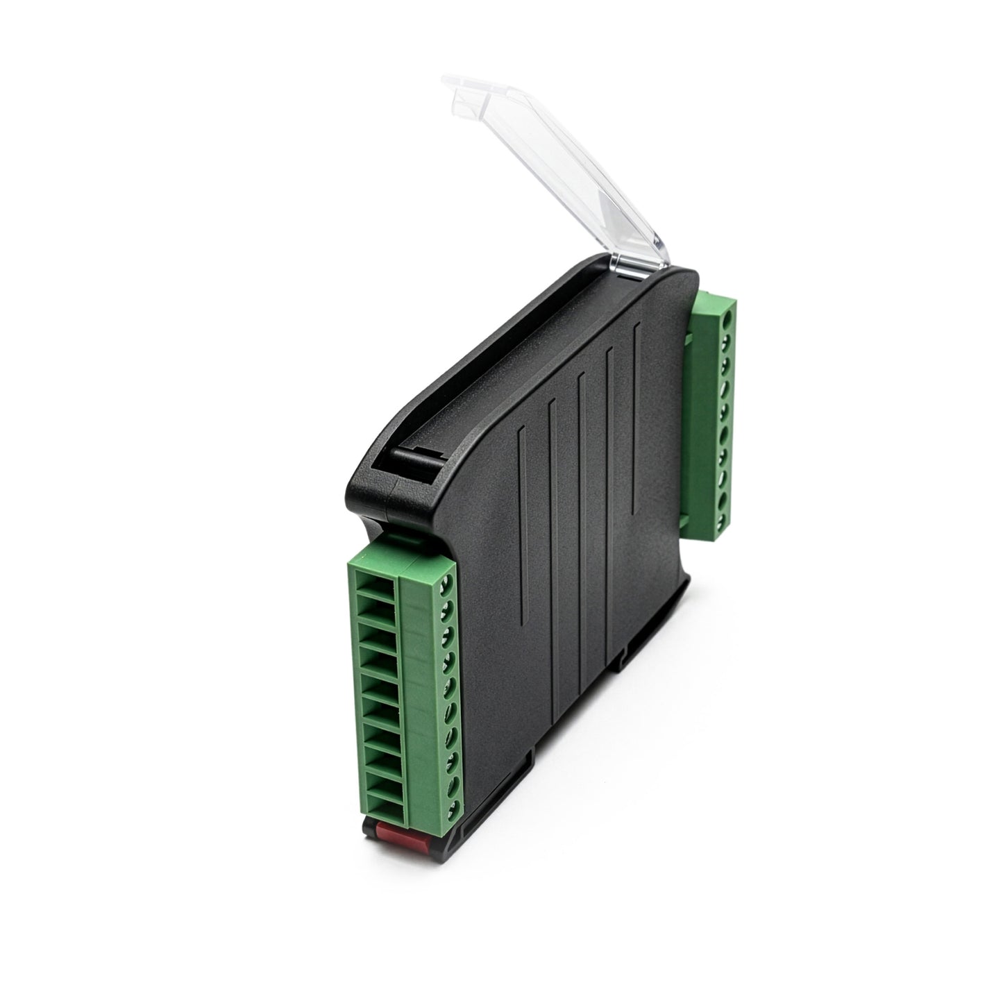 Black and green electronic module on a white background.