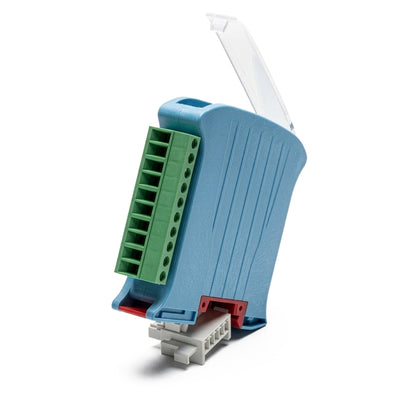 Blue ABS plastic box with DIN rail mounts.