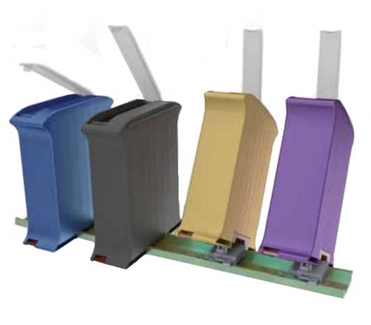 Set of colorful plastic clips on a white background.