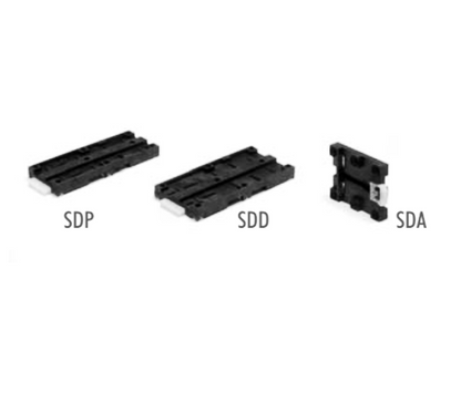 Three black plastic components labeled SDP, SDD, and SDA on a white background.