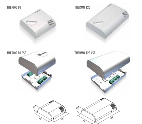 Set of electronic devices labeled 'Thermo 80', 'Thermo 120', 'Thermo 80 CSF', and 'Thermo 120 CSF' on a white background.