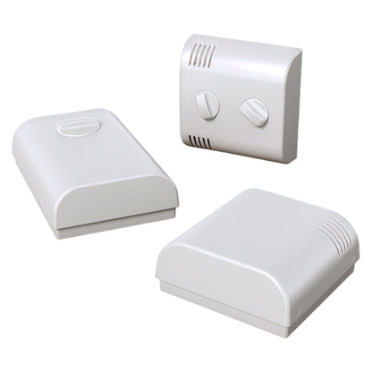 Three white electronic devices on a white background.