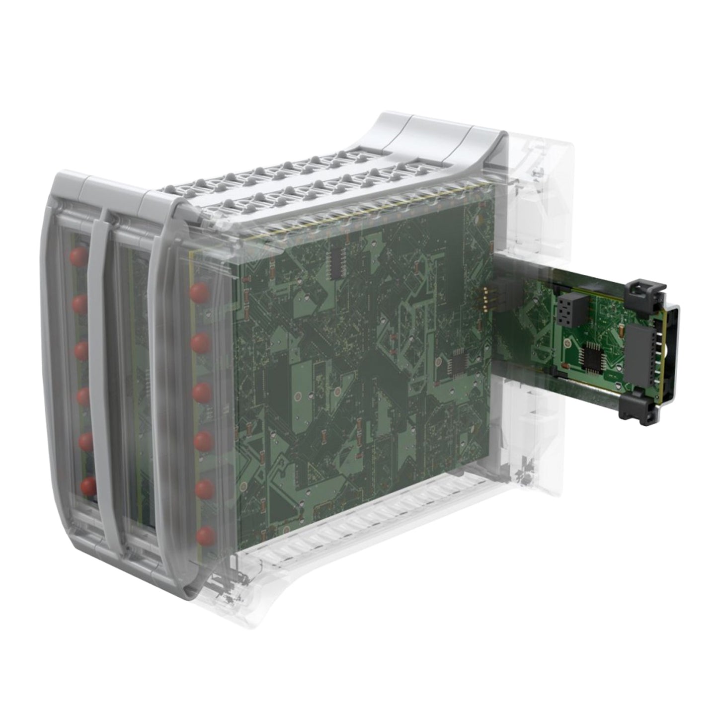 Electronic module with circuit board and connectors on a white background.