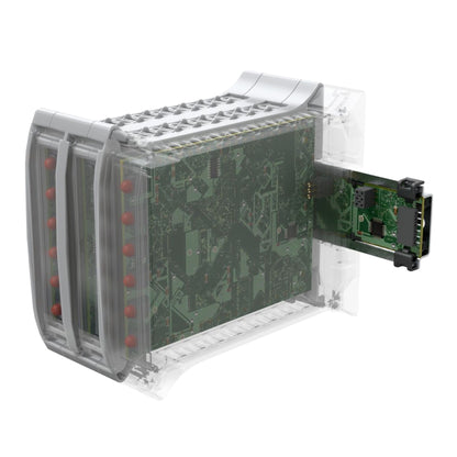 Electronic module with circuit board and connectors on a white background.