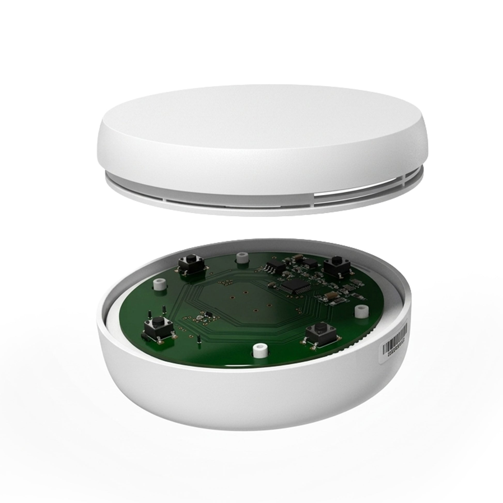 White electronic device with a green circuit board on a white background.